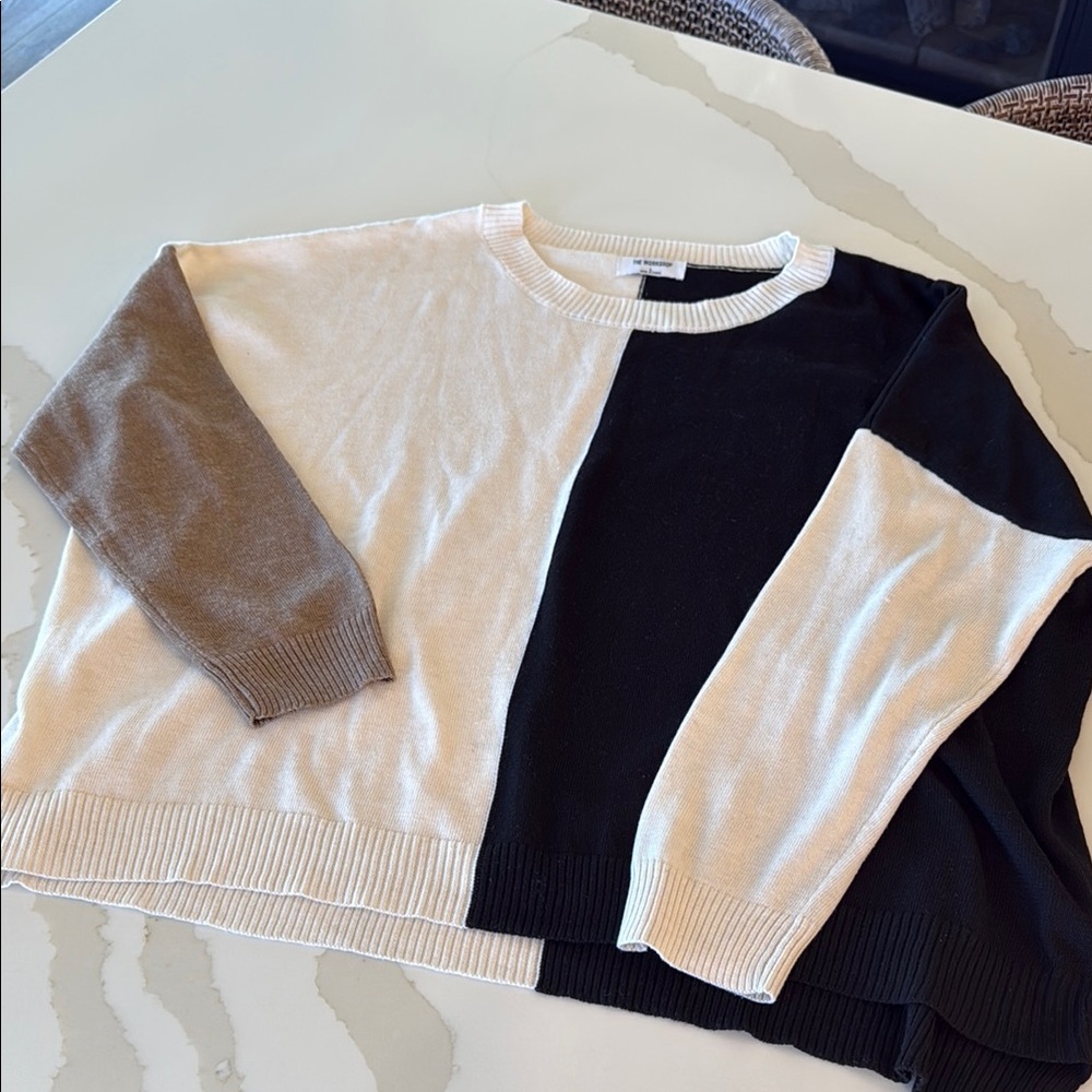 Tan, Black and White Color Block Crewneck Sweater